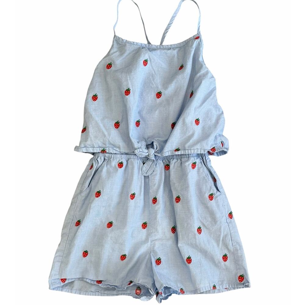 BODEN Strawberry Print Romper Light Blue Size 7-8y